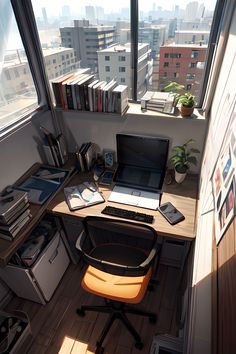 a laptop computer sitting on top of a wooden desk in front of a large window