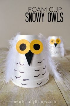 paper cup snow owls with white feathers and yellow eyes