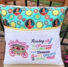 a pillow that is sitting on top of a chair with the words reading me and princesses