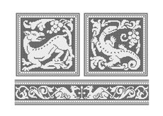 two cross stitch designs with white and grey colors, each depicting a dragon on the left side