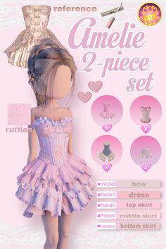 dress to impress, dti, VIP, Roblox, girly Roblox outfit, Amelie 2-piece set, pink, aesthetic, coquette, dress, tutorial, look, colors Vip Fits Dress To Impress, Dti Coquette Outfit Idea, Girly Outfits Ideas, Model Dress To Impress Outfit, Outfits In Dress To Impress, Cute Dti Outfit Hacks Non Vip, Dti Dress Combo Vip, Your Style Dress To Impress Outfit, Movie Premiere Dress To Impress Outfit