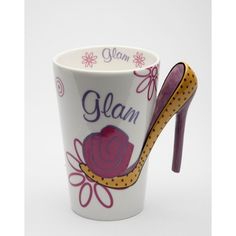 a coffee cup with a high heeled shoe on the side and name glam