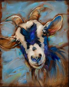 a painting of a goat's head with blue and white paint on the face