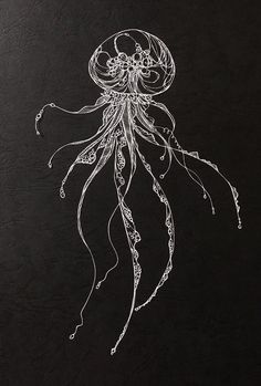 a black and white drawing of a jellyfish on a dark background, with lines drawn across it