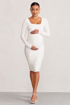 New Life White Maternity Square Neck Ruched Midi Dress – Club L London - USA White Midi Maternity Dress, Spring Maternity Dress With Square Neck, Fitted Square Neck Maternity Dress, Fitted Midi Length Maternity Dress, Fitted Long Sleeve Ruched Maternity Dress, White Ruched Midi Dress With Square Neck, White Midi Dress With Square Neck And Ruched Details, Chic Fitted White Maternity Dress, White Long Sleeve Fitted Maternity Dress