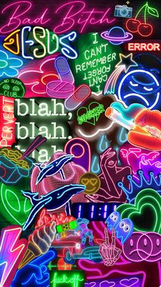 a bunch of neon signs that are all over the place with words written on them