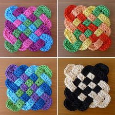 four different crocheted coasters on a table