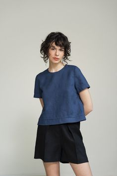 Navy Blue Cropped Linen Top Crop Linen Blouse Minimalist - Etsy Effortless Summer T-shirt For Casual Gatherings, Effortless Short Sleeve Summer T-shirt, Versatile Relaxed Fit T-shirt For Summer, Simple Summer T-shirt For Casual Gatherings, Relaxed Fit Short Sleeve Top For Summer, Relaxed T-shirt For Casual Summer Gatherings, Relaxed Crew Neck Short Sleeve Top For Summer, Summer Crew Neck Top For Casual Gatherings, Minimalist Short Sleeve T-shirt For Summer