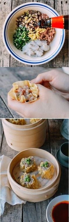 two pictures showing different types of food on plates and in bowls, with the same person holding