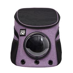 a purple and black pet carrier with the door open to show it's inside