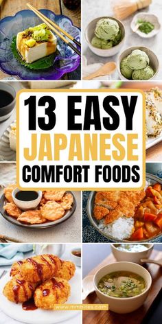 japanese food with the title overlaying 13 easy japanese comfort foods