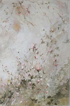 an abstract painting with pink flowers on a white background