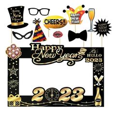 a happy new year photo frame with party decorations