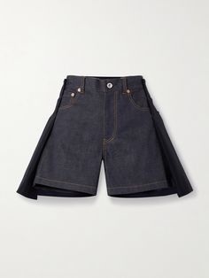 Renowned for its cleverly deconstructed designs, Sacai creates these shorts out of a combination of inky denim and wool-felt, so they feel at once casual and sophisticated. They sit at your natural waist and have wide legs outlined in gold topstitching. Denim Flats, Flat Dress Shoes, Dress Flats, Sport Swimwear, Sports Skirts, Wide Legs, Skirt Top, Jeans Dress, Women Collection