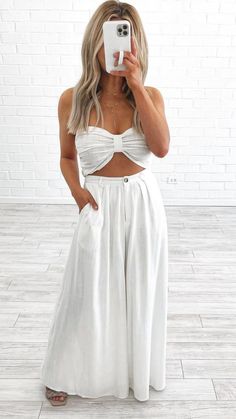 Bridal Honeymoon Outfit, Ireland Summer Outfits, White Set Outfit, Long Flowy Pants, White Summer Outfits, Bridal Honeymoon, Honeymoon Outfits, Bachelorette Outfits, Set Outfits