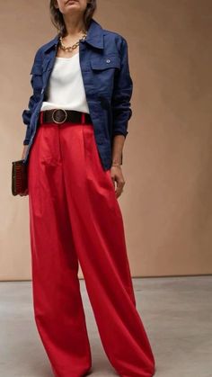 Work Outfits With Red Pants, Casual Red Pants Outfit, French Work Outfits Parisian Chic, Red Linen Trousers Outfit, Fashion Executive Aesthetic, Red Top Jeans Outfit, Monochromatic Red Outfit, How To Style Red Pants, Red Corduroy Pants Outfit