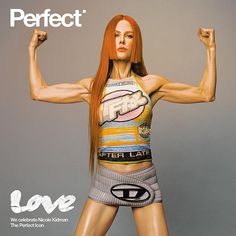 a woman with long red hair is posing for the cover of perfect magazine, showing her muscles