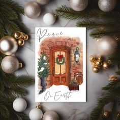 a christmas card with an image of a door and potted plants next to it