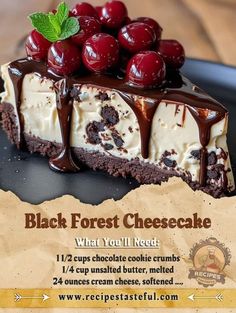 a piece of chocolate cheesecake with cherries on top