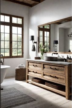 a large bathroom with two sinks and mirrors on the wall, along with a bathtub