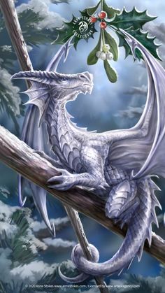 a white dragon sitting on top of a tree branch next to misty mist and holly