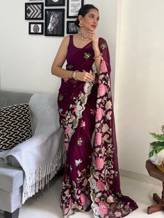 Wine Resham Embroidery And Stone Saree In Georgette White Printed Saree, Stone Saree, Resham Embroidery, Party Sarees, Printed Saree, Stone Work, Party Wear Sarees, Georgette Sarees, Printed Sarees