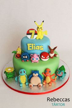 a birthday cake decorated with pokemon characters and the name eli's written on it