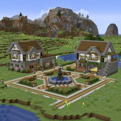 Minecraft House Backyard, Cute Outdoor Minecraft Ideas, Minecraft Building Ideas Aesthetic House, Minecraft Plaza Ideas, Minecraft Courtyard, Minecraft Park Idea, Cute Minecraft Homes, Minecraft Big House Ideas, Minecraft Buildings Ideas