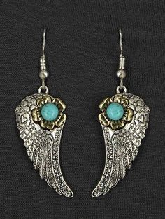 Western Style Feather Earrings with Turquoise Colored Stone Nickle and Lead Safe Length: 2.25" (APPROX) Weight: 0.2 oz (APPROX) White Acrylic Earrings, Earrings Western, Geometric Pendant Necklace, Mountain Jewelry, Horn Earrings, Beaded Bib Necklace, Detailed Necklace, Turquoise Accents, Wood Bead Necklace