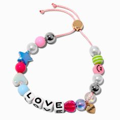 T H E M E x Claire's ''Love'' Adjustable Bracelet Playful Adjustable Name Bracelet For Everyday, Casual Pink Name Bracelet For Birthday, Casual Friendship Bracelets For Mother's Day, Trendy Adjustable Charm Bracelet For Mother's Day, Adjustable Trendy Charm Bracelet For Mother's Day, Trendy Mother's Day Charm Bracelet, Playful Multicolor Adjustable Name Bracelet, Playful Personalized Adjustable Charm Bracelet, Adjustable Playful Friendship Bracelets