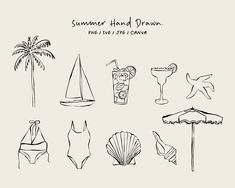 hand drawn summer items including drinks, umbrellas and swimsuits on a white background