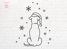 a black and white drawing of a dog wearing a santa hat sitting in front of snowflakes