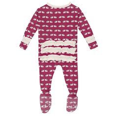 The Softest Footed Pajamas for Girls with RufflesThese cutesy classic ruffle footie pajamas for babies come with a zipper to keep tiny toes snug and secure. Ruffle baby girl clothes make life even sweeter and make your little girls pajamas even better. The feet and flip paws are lined with a cuddly fleece and the bottom is embroidered with anti-slip polka-dots, so your toddler can outpace you all day, accident-free.About Me: So soft you'll want a pair of your own Big ruffles in the front and bac Pajamas For Girls, Sleepover Bag, Kickee Pants, Footie Pajama, Nursing Tops, Maternity Shops, Girls Pajamas, Girls Prints, Night Shirt