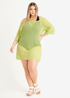 Mesh plus size cover up featuring a elasticized off the shoulder neckline and illusion stripes. Plus Size Cover Up, Trendy Plus Size Dresses, Mesh Cover Up, Plus Size Trendy, Trendy Beach, Plus Size Designers, Ashley Stewart, Swim Cover, Plus Size Swimwear