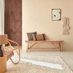 a wooden bench sitting in the middle of a living room