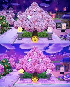 two pictures of the same tree in mario's flower land, one with pink flowers and