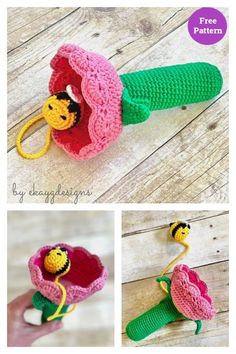 the crocheted flower is being held up to show it's petals and leaves