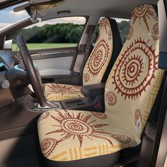 the interior of a car is decorated with sunflowers and other decorative designs on it