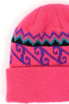 Vintage 80s Soft Acrylic Knit Hot Pink Nordic Stitch White Stripe Fitted Beanie Winter Hat Fun 1980s winter hat: Both are made from a soft knit acrylic, ribbed knit that is naturally stretchy, two are available, one is hot pink with dark blue/blue/green pattern, the other is a fuzzy off-white with blue cuff and simple stripe. Both are clean, no issues. ----------------------------------------------------------------------- Pink Acrylic Beanie One Size Fits Most, Pink Acrylic Yarn Beanie For Winter, Warm Purple Hats For Cold Weather, Hand Knitted Purple Beanie For Winter, Purple Warm Hats For Cold Weather, Purple Hand Knitted Beanie For Winter, Pink Acrylic Beanie (one Size Fits Most), Warm Purple Beanie For Winter, Vintage Pink Winter Hats