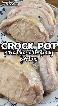 crock pot pork with gravy for two on a blue and white plate