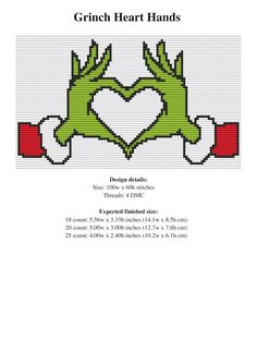 a cross stitch pattern with two green hands making a heart and the words grinn's heart hands