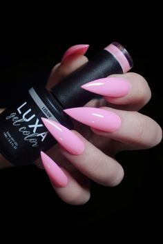 bright pastel pink gel polish on long stiletto nails Glossy Gel Nails, Pink Gel Nail Polish, Valentines Day Nails, Pink Gel Nails, Pink Gel, Gel Nail, Gel Nail Polish, Bright Pink, Gel Nails