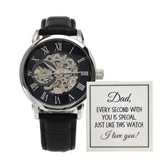 🎁 Men's Openwork Watch with Message Card and Gift Box for Dad 🎁 Give the gift of luxury with this handsome and daring timepiece. The Men's Openwork Watch is the perfect blend of classic design and modern styling, making it an essential accessory for your remarkable style. This watch sports a genuine leather strap, is splash resistant, and has increased durability thanks to hardened mineral glass. Our unique skeleton dial feature allows you to peer directly into the inner workings of your watch Luxury Automatic Watch As Gift, Black Skeleton Dial Watch As Gift, Business Watch Accessories With Date Display In Stainless Steel, Rectangular Automatic Watch As Gift, Black Anniversary Watch With Round Dial, Black Watches For Anniversary With Round Dial, Black Anniversary Watch, Elegant Chronograph Watch With Date Display As Gift, Black Anniversary Watches