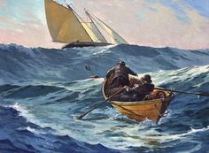 a painting of two men in a row boat on choppy water with a sailboat in the background