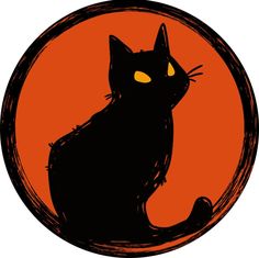 a black cat sitting in front of an orange circle