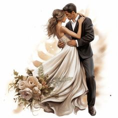 a painting of a bride and groom hugging