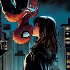 a woman kissing a spider man on the cheek in front of a cityscape