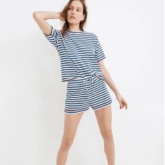 Nwt Madewell Striped Lounge Set In Size Small (Both Top And Bottoms). Can Be Worn Out With Sneakers For A Casual Look Or As Pajamas. Striped Blue And White Pattern With Red Stitching At The Bottom Of Both The Top And Bottom. Fabric Is So Soft And Comfy!! Casual Striped Sleepwear For Summer, Casual Striped Sleepwear, Multicolor Knit, Blue And White Pattern, Blue Striped Shirt, Tie Neck Tops, Matching Tees, Supima Cotton, Drawstring Shorts