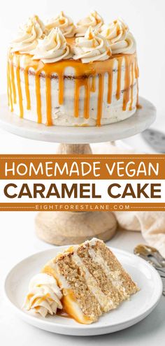 homemade vegan caramel cake on a white plate