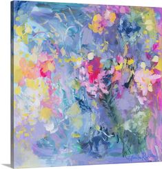 an abstract painting of flowers in a vase on a white background with blue and pink colors